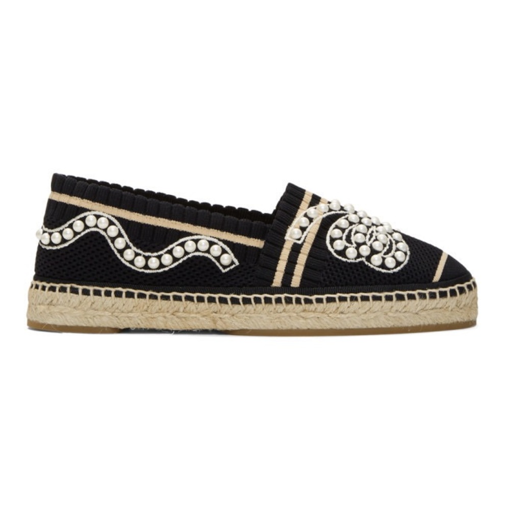 Authentic Fendi Black and Beige Pearl Embellished Espadrilles